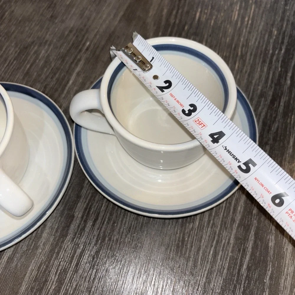 PFALTZGRAFF coffee tea cups mugs saucers stoneware set of 2 White & blue